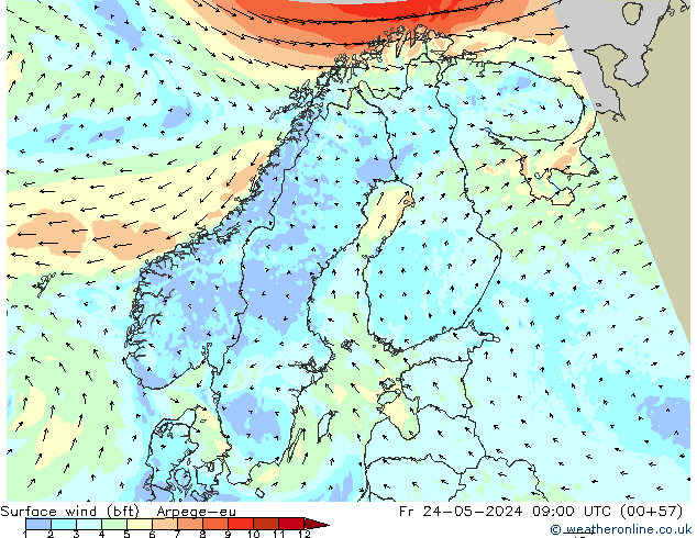 Surface wind (bft) Arpege-eu Fr 24.05.2024 09 UTC