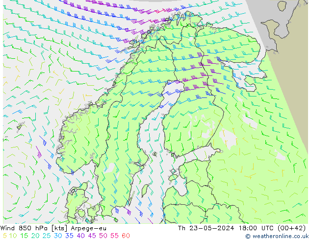 Wind 850 hPa Arpege-eu Do 23.05.2024 18 UTC