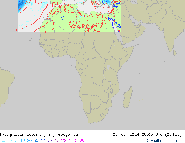 Precipitation accum. Arpege-eu Čt 23.05.2024 09 UTC