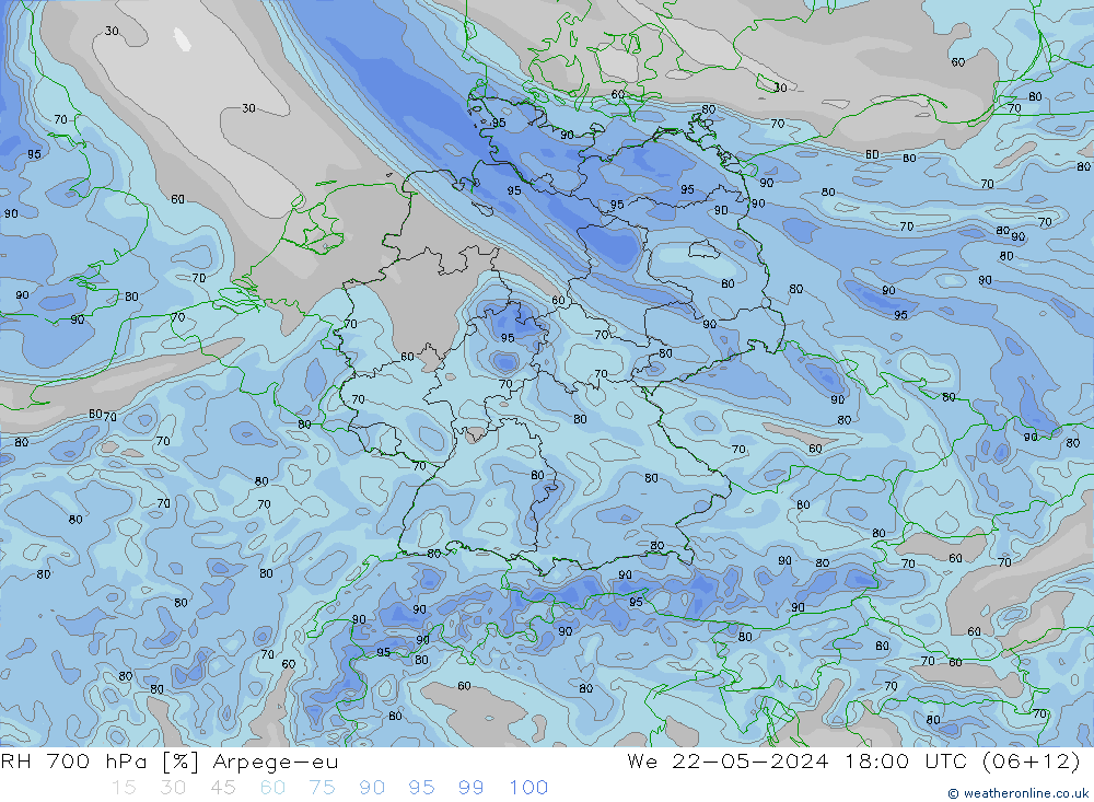 RH 700 hPa Arpege-eu Mi 22.05.2024 18 UTC