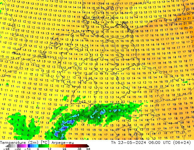 Temperaturkarte (2m) Arpege-eu Do 23.05.2024 06 UTC