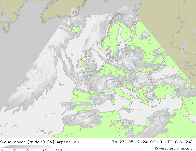 Cloud cover (middle) Arpege-eu Th 23.05.2024 06 UTC