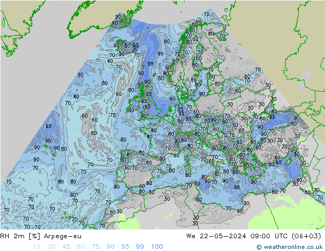 RH 2m Arpege-eu Qua 22.05.2024 09 UTC