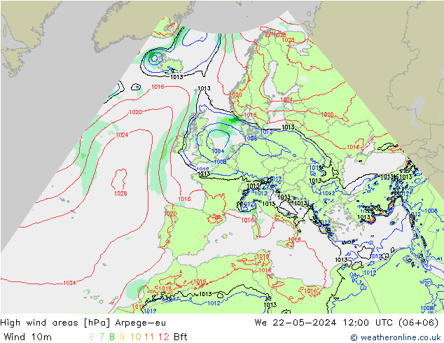 High wind areas Arpege-eu We 22.05.2024 12 UTC