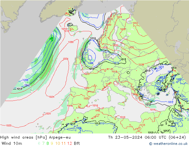 High wind areas Arpege-eu Th 23.05.2024 06 UTC