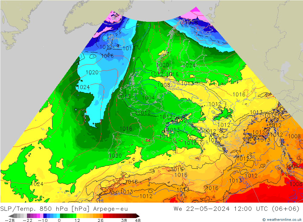 SLP/Temp. 850 hPa Arpege-eu Mi 22.05.2024 12 UTC