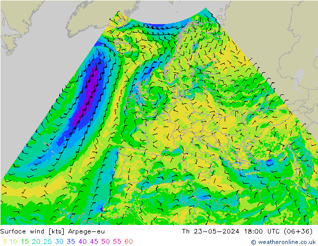 Surface wind Arpege-eu Čt 23.05.2024 18 UTC