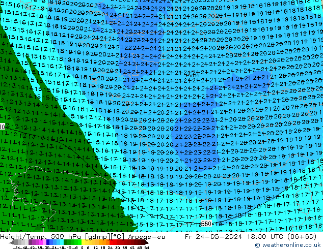 Height/Temp. 500 hPa Arpege-eu Sex 24.05.2024 18 UTC