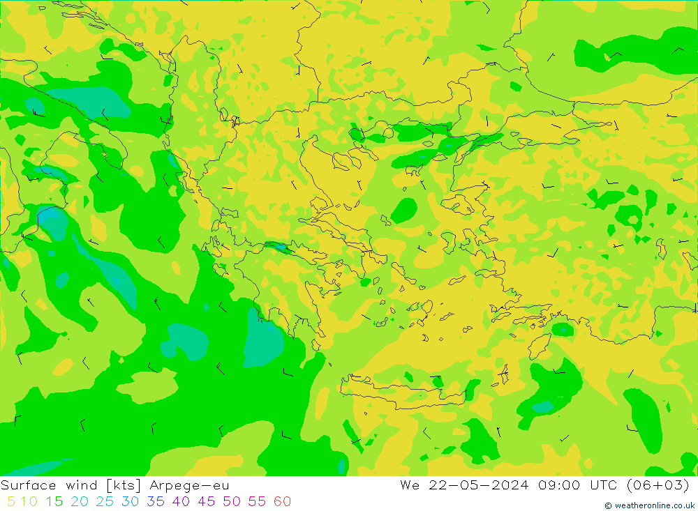 Vento 10 m Arpege-eu Qua 22.05.2024 09 UTC