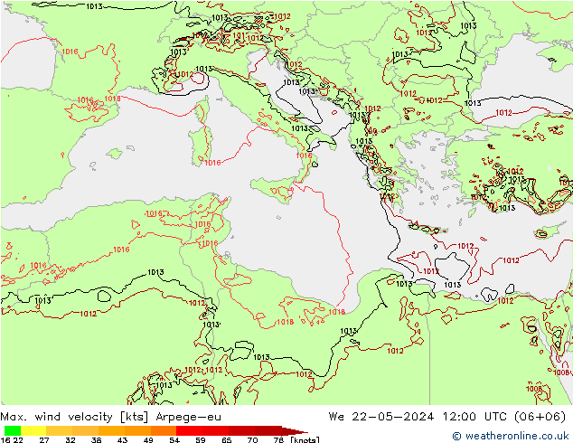 Max. wind velocity Arpege-eu St 22.05.2024 12 UTC