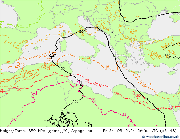 Géop./Temp. 850 hPa Arpege-eu ven 24.05.2024 06 UTC