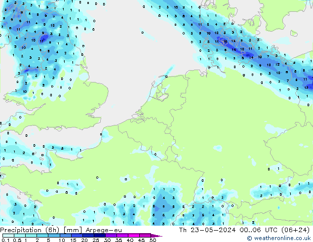 降水量 (6h) Arpege-eu 星期四 23.05.2024 06 UTC