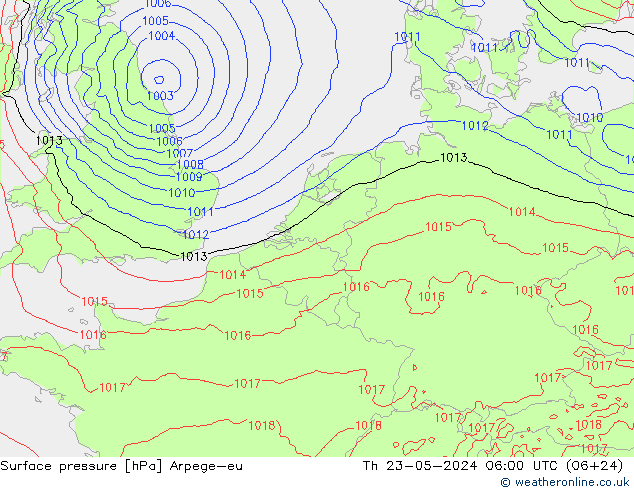 地面气压 Arpege-eu 星期四 23.05.2024 06 UTC