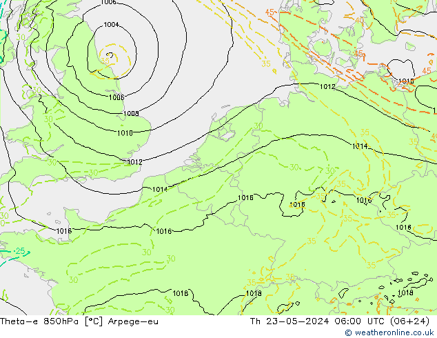 Theta-e 850hPa Arpege-eu 星期四 23.05.2024 06 UTC
