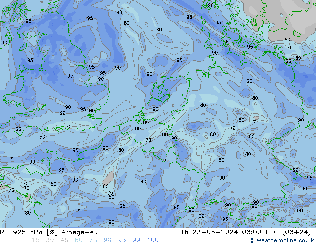 RH 925 hPa Arpege-eu 星期四 23.05.2024 06 UTC