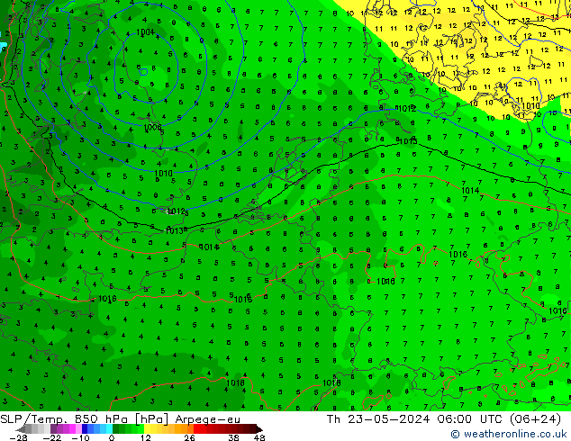 SLP/Temp. 850 hPa Arpege-eu 星期四 23.05.2024 06 UTC