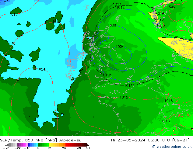 SLP/Temp. 850 hPa Arpege-eu Th 23.05.2024 03 UTC