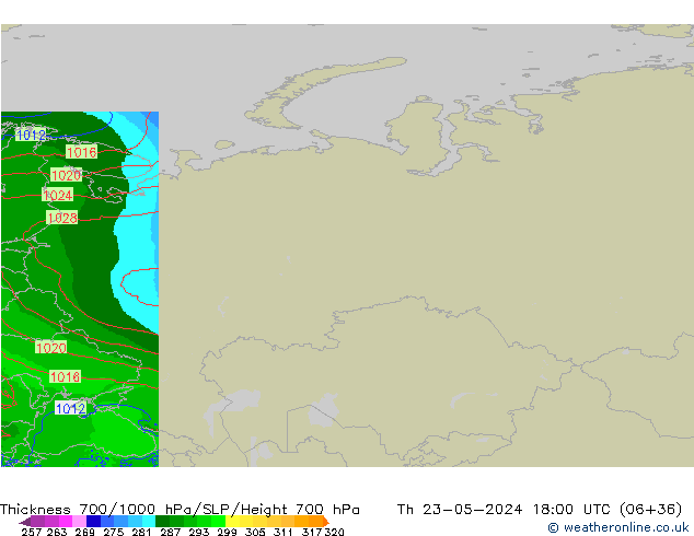 Thck 700-1000 hPa Arpege-eu  23.05.2024 18 UTC