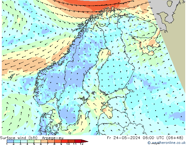 Surface wind (bft) Arpege-eu Pá 24.05.2024 06 UTC
