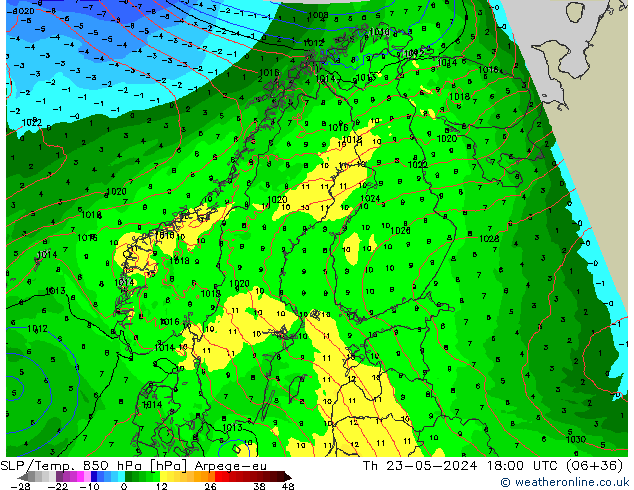 850 hPa Yer Bas./Sıc Arpege-eu Per 23.05.2024 18 UTC