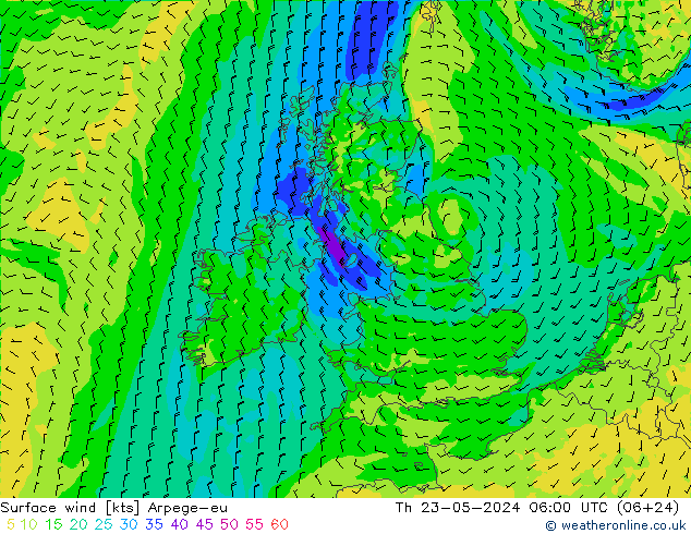 Vento 10 m Arpege-eu gio 23.05.2024 06 UTC