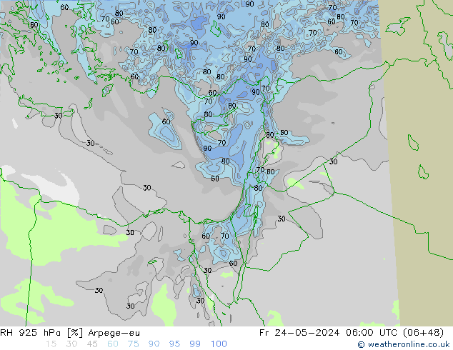 Humidité rel. 925 hPa Arpege-eu ven 24.05.2024 06 UTC