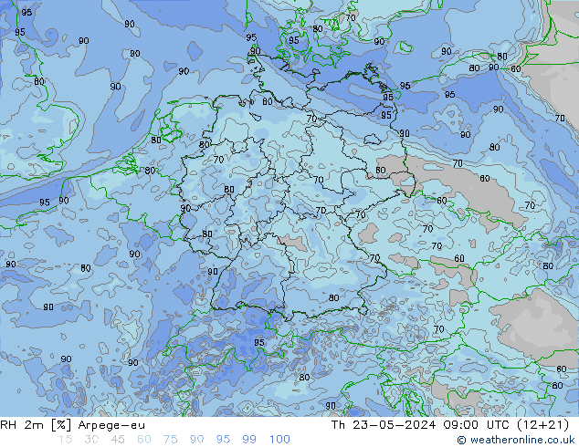 Humidité rel. 2m Arpege-eu jeu 23.05.2024 09 UTC