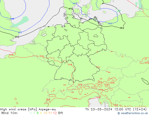 High wind areas Arpege-eu Čt 23.05.2024 12 UTC