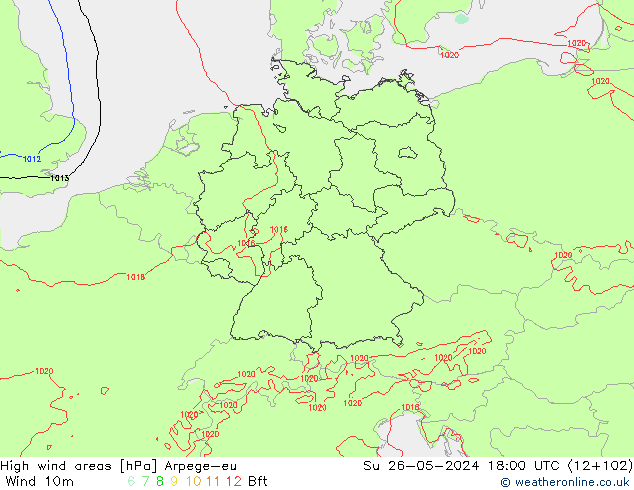 High wind areas Arpege-eu  26.05.2024 18 UTC