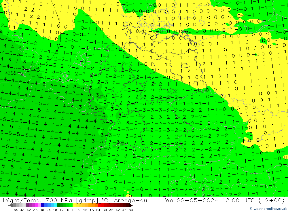 Height/Temp. 700 hPa Arpege-eu 星期三 22.05.2024 18 UTC