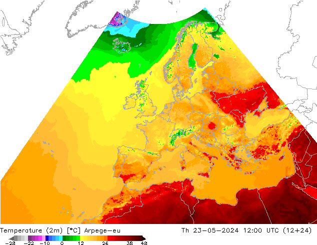 Temperatura (2m) Arpege-eu jue 23.05.2024 12 UTC
