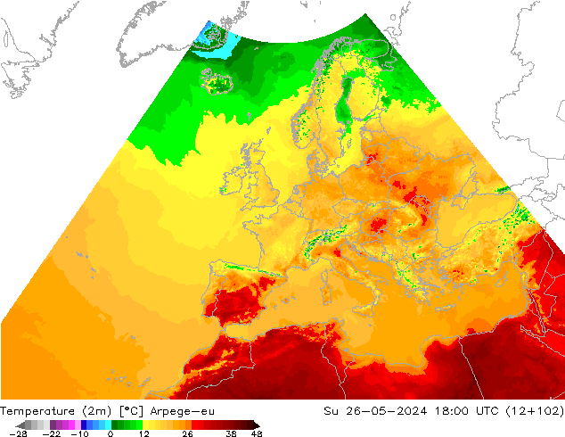 Temperature (2m) Arpege-eu Su 26.05.2024 18 UTC