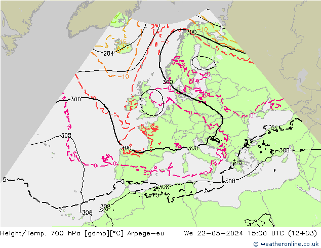 Hoogte/Temp. 700 hPa Arpege-eu wo 22.05.2024 15 UTC