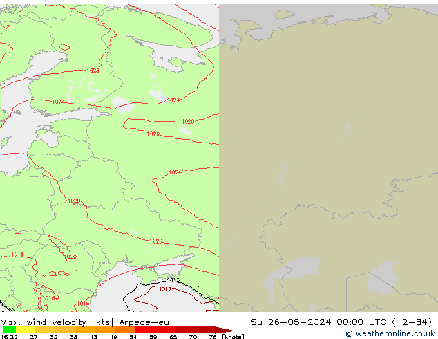 Max. wind snelheid Arpege-eu zo 26.05.2024 00 UTC
