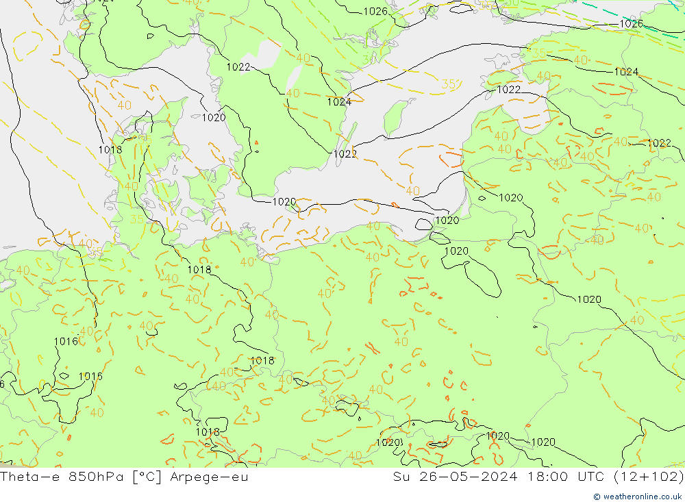 Theta-e 850hPa Arpege-eu dim 26.05.2024 18 UTC