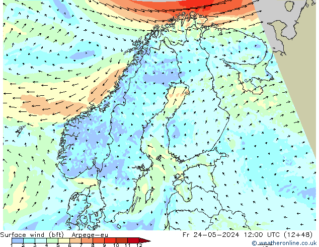 Surface wind (bft) Arpege-eu Pá 24.05.2024 12 UTC