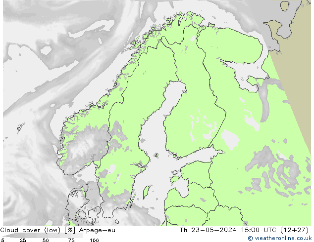 Cloud cover (low) Arpege-eu Th 23.05.2024 15 UTC