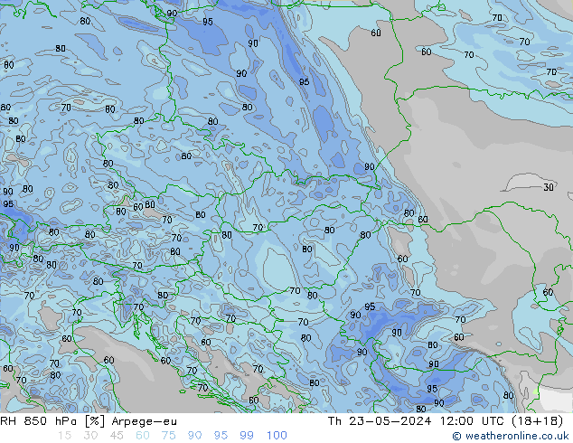 Humidité rel. 850 hPa Arpege-eu jeu 23.05.2024 12 UTC
