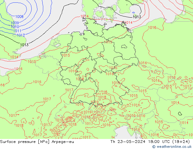 Presión superficial Arpege-eu jue 23.05.2024 18 UTC
