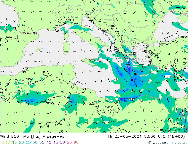 Wind 850 hPa Arpege-eu Th 23.05.2024 00 UTC