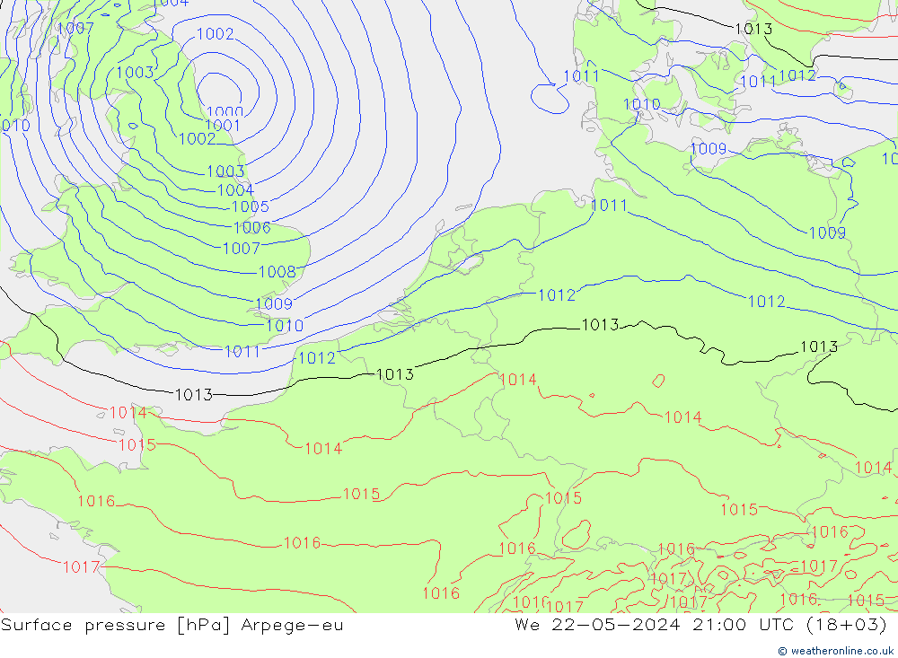 地面气压 Arpege-eu 星期三 22.05.2024 21 UTC