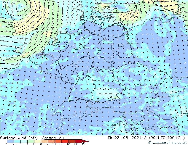 �N 10 米 (bft) Arpege-eu 星期四 23.05.2024 21 UTC