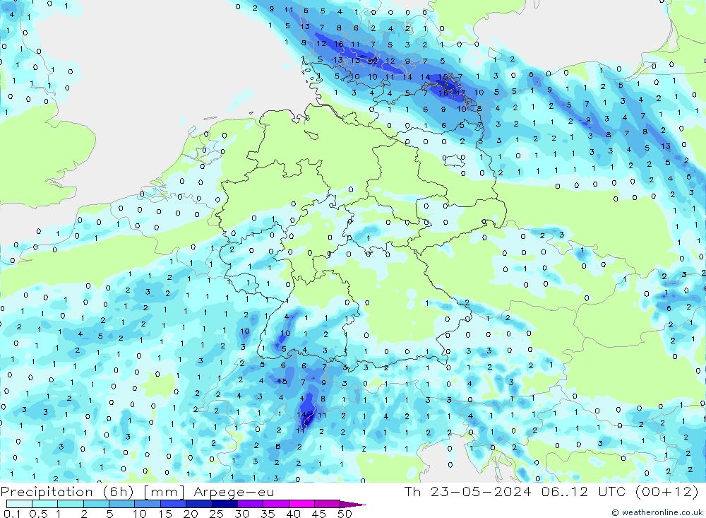 降水量 (6h) Arpege-eu 星期四 23.05.2024 12 UTC