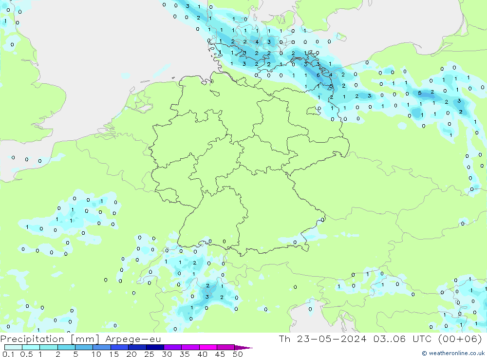 Srážky Arpege-eu Čt 23.05.2024 06 UTC