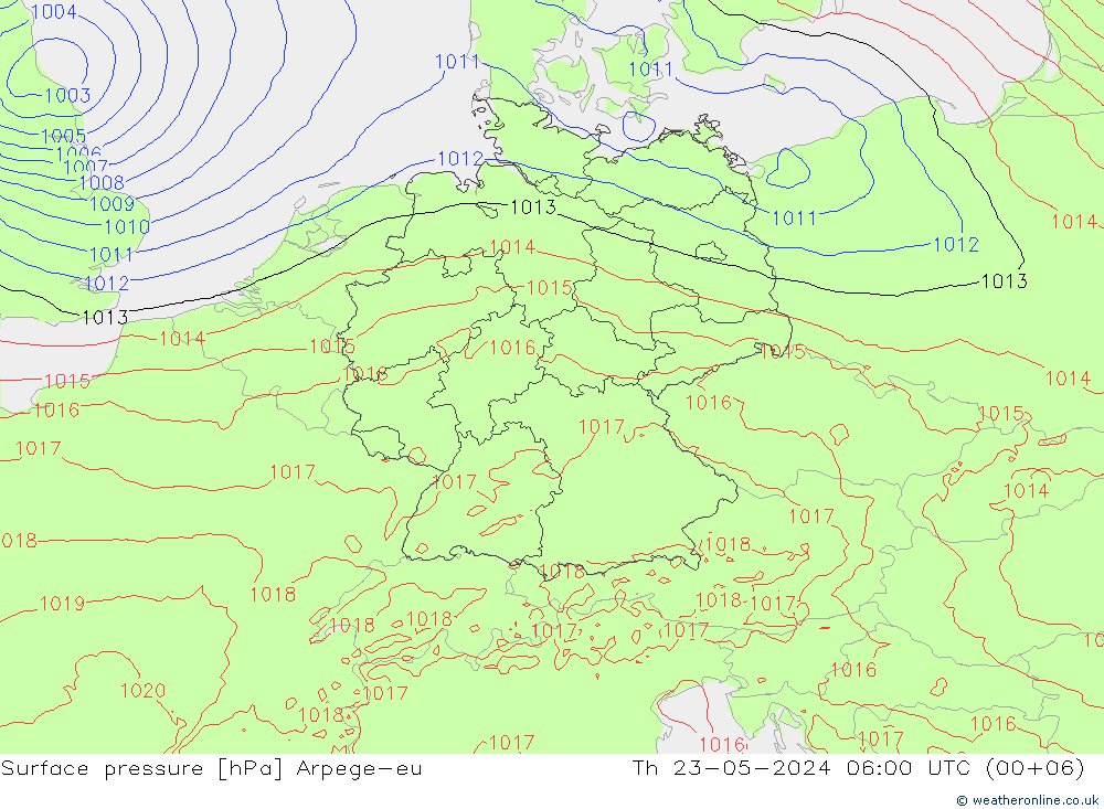 Pressione al suolo Arpege-eu gio 23.05.2024 06 UTC
