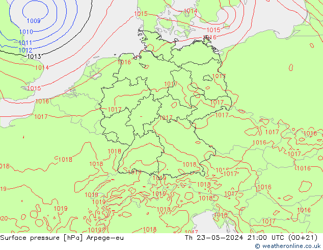 地面气压 Arpege-eu 星期四 23.05.2024 21 UTC