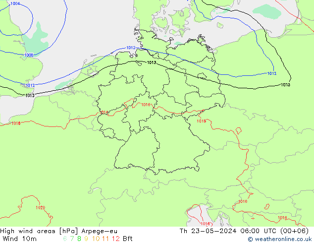 High wind areas Arpege-eu jue 23.05.2024 06 UTC
