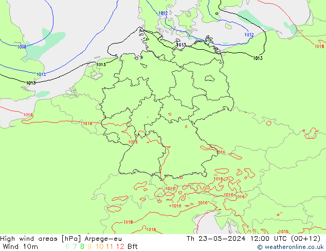 High wind areas Arpege-eu 星期四 23.05.2024 12 UTC