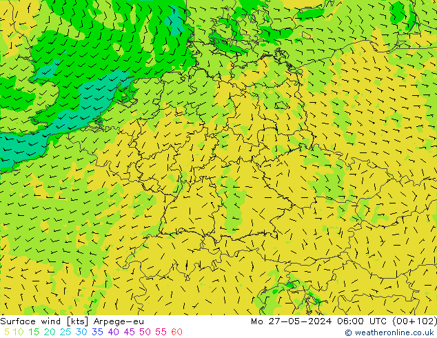 wiatr 10 m Arpege-eu pon. 27.05.2024 06 UTC