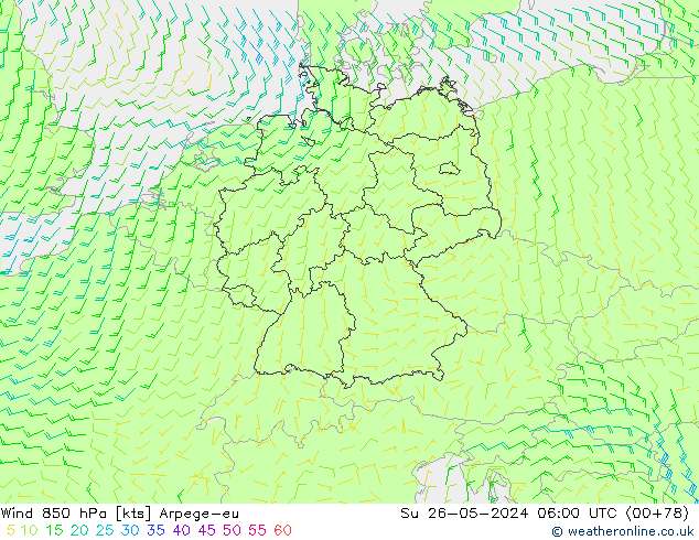 Wind 850 hPa Arpege-eu Ne 26.05.2024 06 UTC